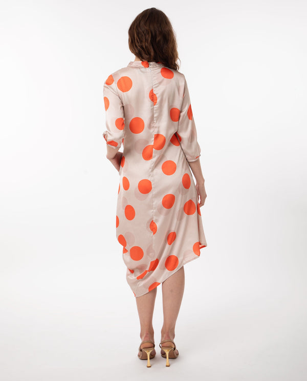 Rareism Women Nia Light Beige Polyester Fabric 3/4Th Sleeves Zip Closure High Neck Relaxed Fit Polka Midi Asymmetric Dress