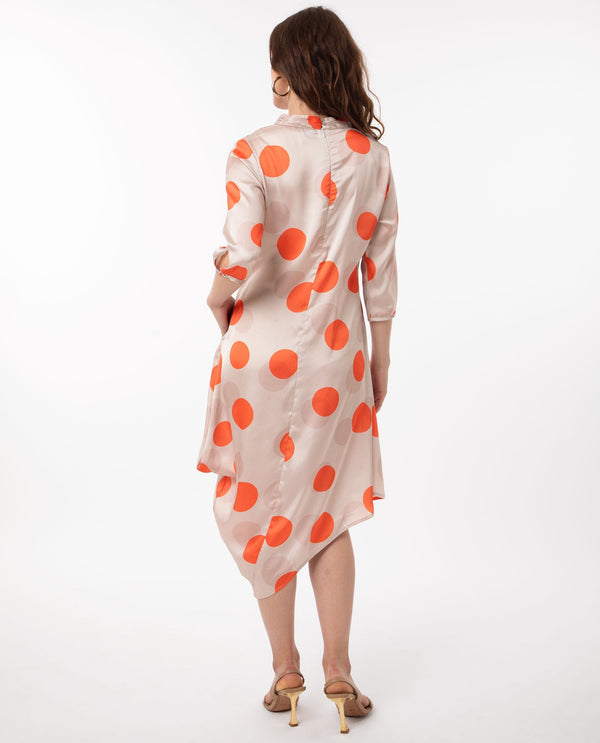 Rareism Women Nia Light Beige Polyester Fabric 3/4Th Sleeves Zip Closure High Neck Relaxed Fit Polka Midi Asymmetric Dress