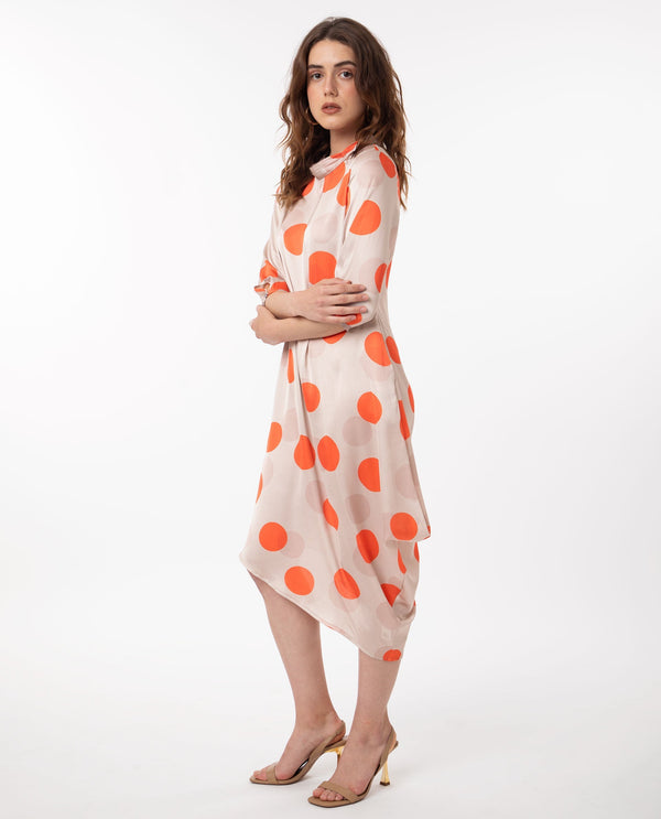 Rareism Women Nia Light Beige Polyester Fabric 3/4Th Sleeves Zip Closure High Neck Relaxed Fit Polka Midi Asymmetric Dress