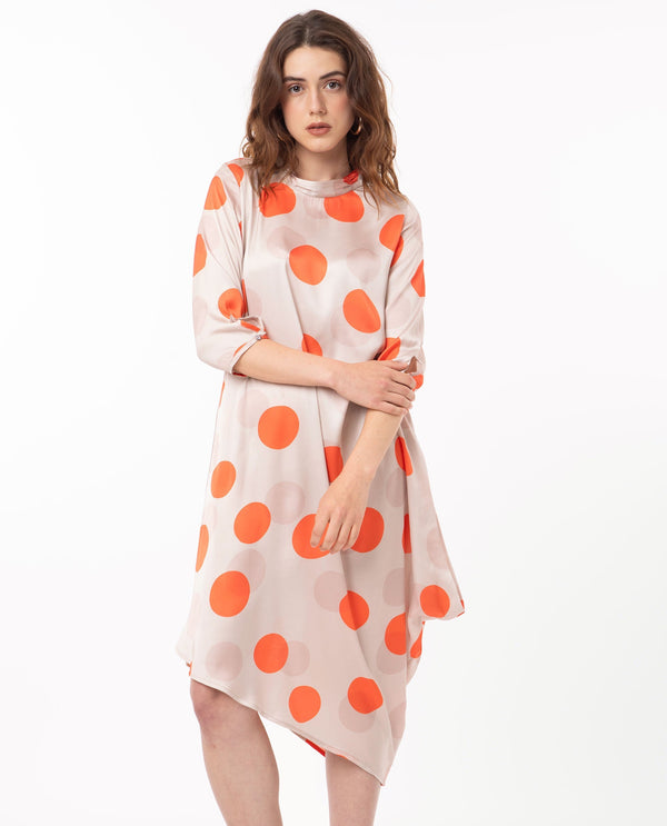 Rareism Women Nia Light Beige Polyester Fabric 3/4Th Sleeves Zip Closure High Neck Relaxed Fit Polka Midi Asymmetric Dress