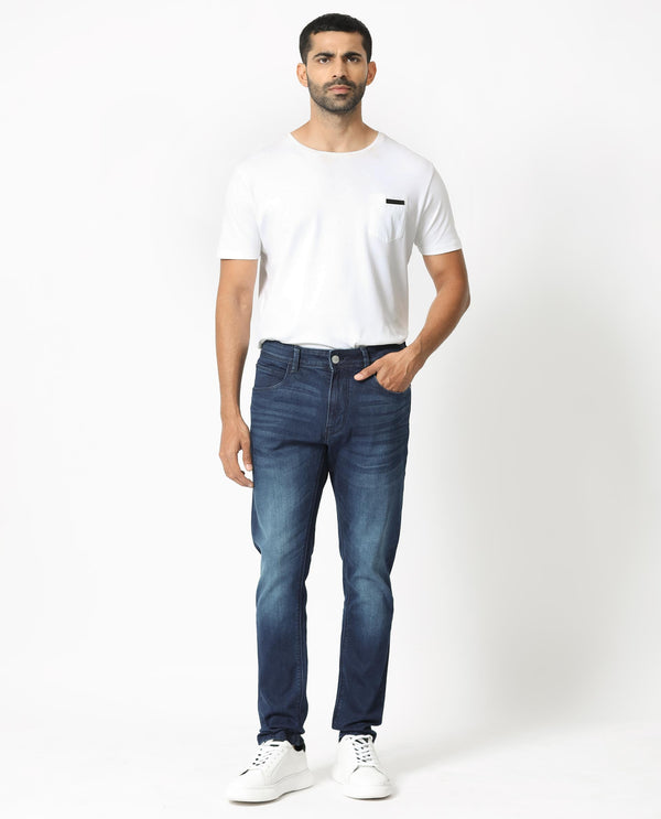Rare Rabbit Men's Night Blue Mid Wash Mid Rise Slim Fit Jeans