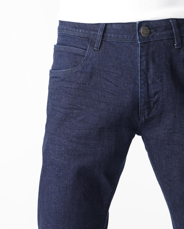 Rare Rabbit Men's Night Dark Blue Rinse Wash Mid-Rise Slim Fit Jeans