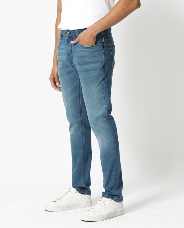 Rare Rabbit Men's Night Dusky Blue Mid Wash Mid-Rise Slim Fit Jeans