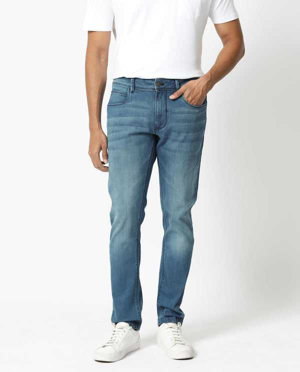 Rare Rabbit Men's Night Dusky Blue Mid Wash Mid-Rise Slim Fit Jeans