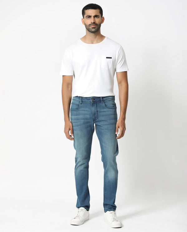 Rare Rabbit Men's Night Dusky Blue Mid Wash Mid-Rise Slim Fit Jeans