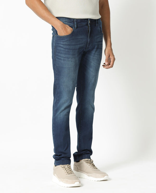 Rare Rabbit Men's Night Light Blue Mid Wash Mid-Rise Slim Fit Jeans
