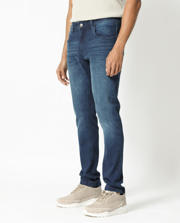 Rare Rabbit Men's Night Light Blue Mid Wash Mid-Rise Slim Fit Jeans