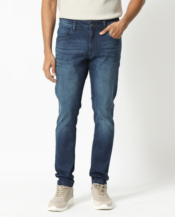 Rare Rabbit Men's Night Light Blue Mid Wash Mid-Rise Slim Fit Jeans