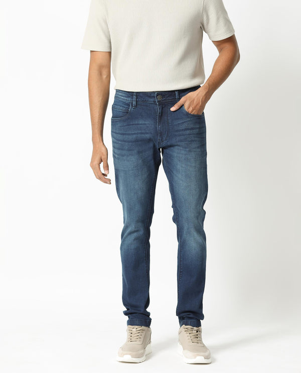 Rare Rabbit Men's Night Light Blue Mid Wash Mid-Rise Slim Fit Jeans