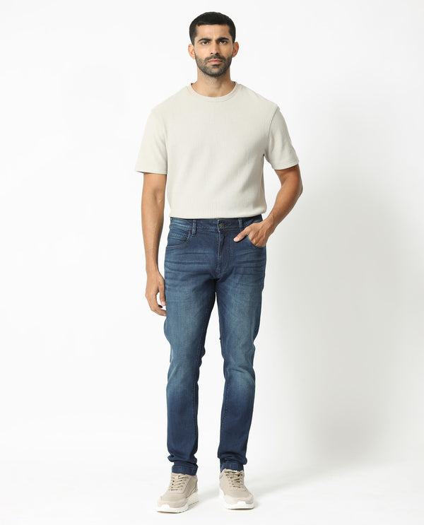 Rare Rabbit Men's Night Light Blue Mid Wash Mid-Rise Slim Fit Jeans