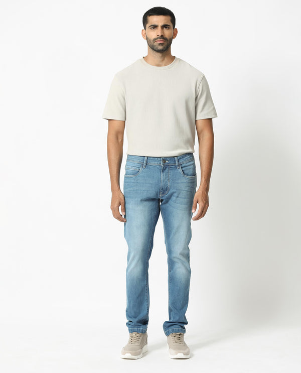 Rare Rabbit Men's Night Pastel Blue Light Wash Mid-Rise Slim Fit Jeans