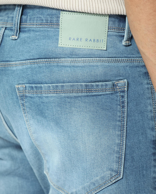 Rare Rabbit Men's Night Pastel Blue Light Wash Mid-Rise Slim Fit Jeans