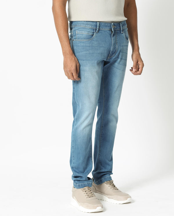 Rare Rabbit Men's Night Pastel Blue Light Wash Mid-Rise Slim Fit Jeans