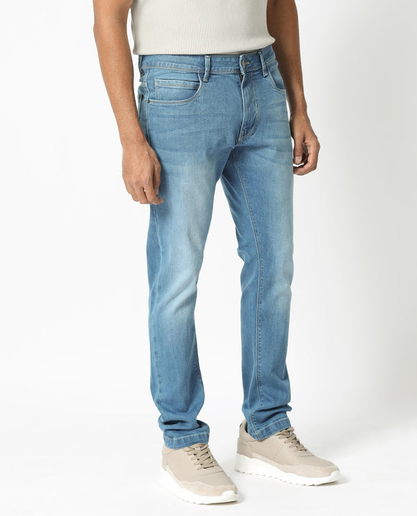 Rare Rabbit Men's Night Pastel Blue Light Wash Mid-Rise Slim Fit Jeans