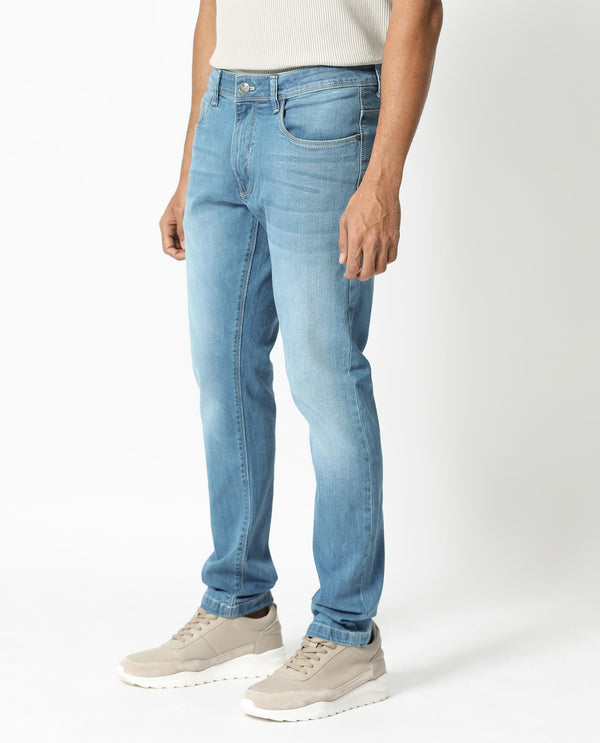 Rare Rabbit Men's Night Pastel Blue Light Wash Mid-Rise Slim Fit Jeans