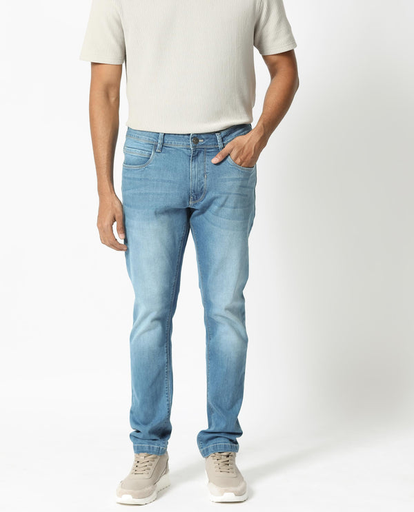 Rare Rabbit Men's Night Pastel Blue Light Wash Mid-Rise Slim Fit Jeans