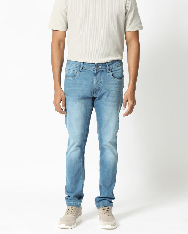 Rare Rabbit Men's Night Pastel Blue Light Wash Mid-Rise Slim Fit Jeans