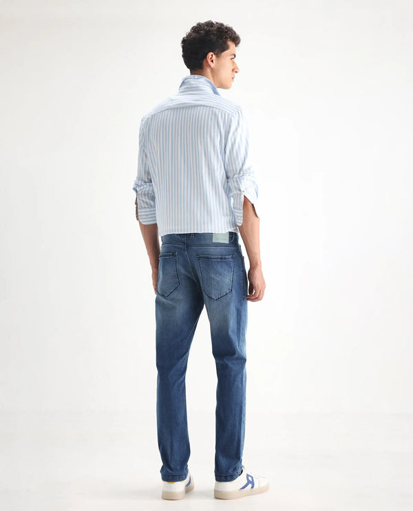 Rare Rabbit Men's Night Light Blue Mid Wash Mid-Rise Slim Fit Jeans