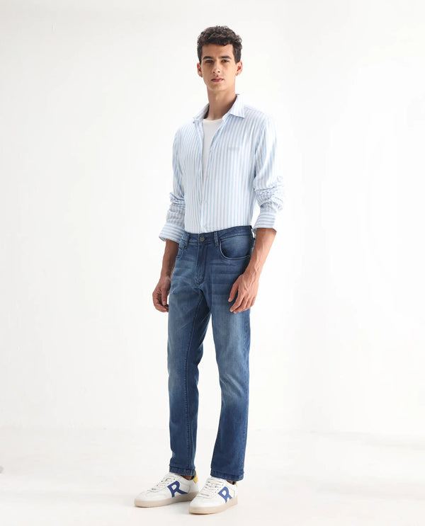Rare Rabbit Men's Night Light Blue Mid Wash Mid-Rise Slim Fit Jeans