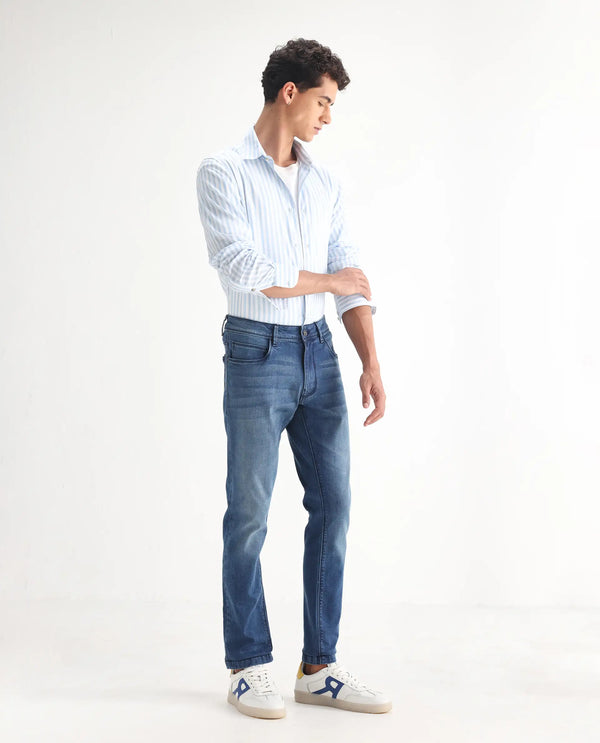Rare Rabbit Men's Night Light Blue Mid Wash Mid-Rise Slim Fit Jeans