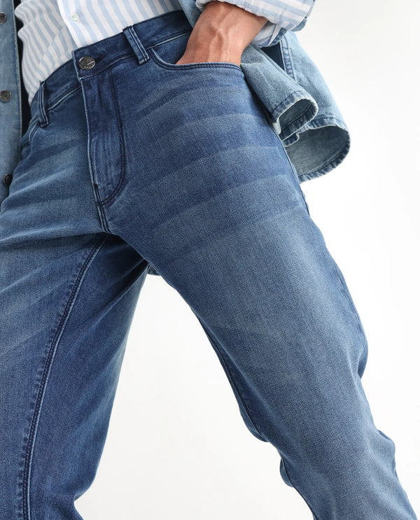 Rare Rabbit Men's Night Light Blue Mid Wash Mid-Rise Slim Fit Jeans