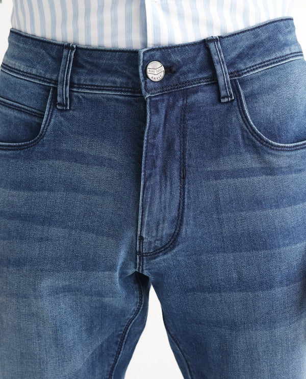 Rare Rabbit Men's Night Light Blue Mid Wash Mid-Rise Slim Fit Jeans