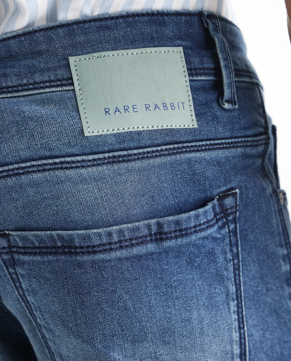 Rare Rabbit Men's Night Light Blue Mid Wash Mid-Rise Slim Fit Jeans
