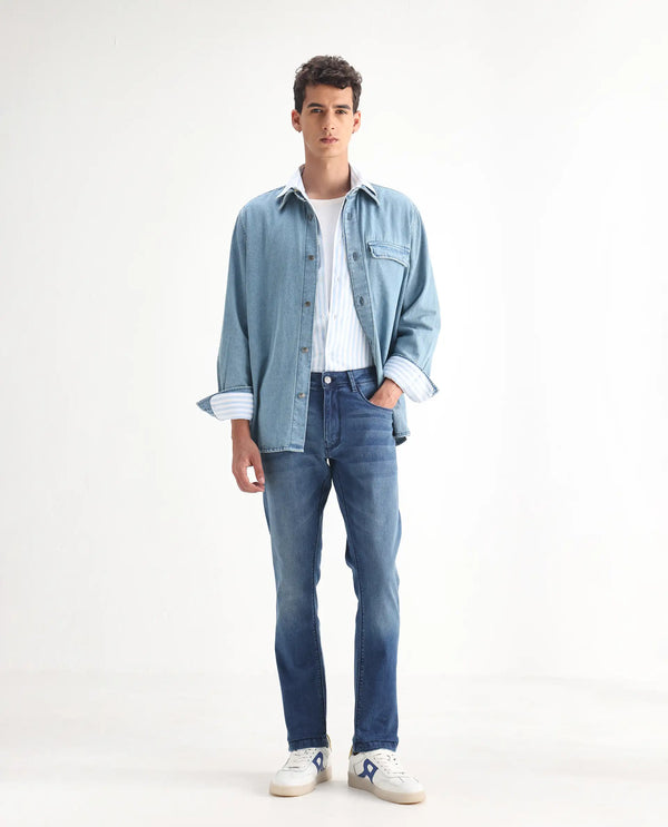 Rare Rabbit Men's Night Light Blue Mid Wash Mid-Rise Slim Fit Jeans