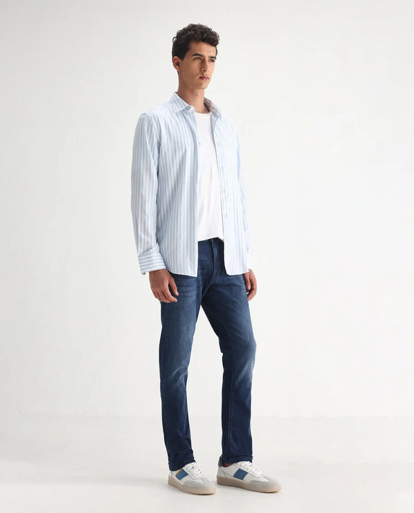 Rare Rabbit Men's Night Dark Blue Rinse Wash Mid-Rise Slim Fit Jeans