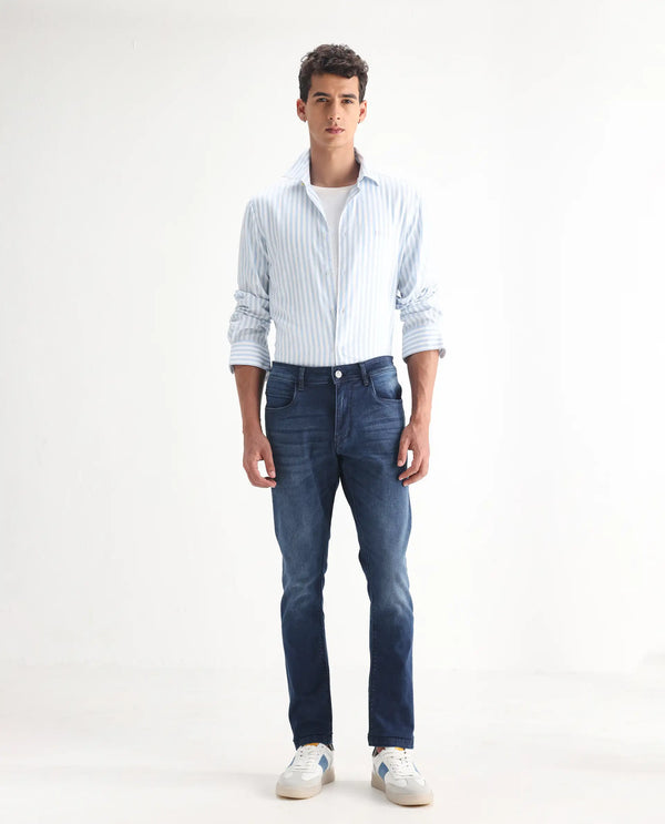 Rare Rabbit Men's Night Dark Blue Rinse Wash Mid-Rise Slim Fit Jeans