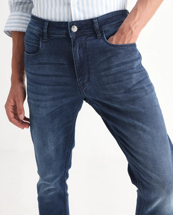 Rare Rabbit Men's Night Dark Blue Rinse Wash Mid-Rise Slim Fit Jeans