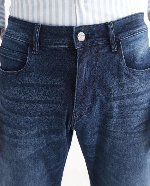 Rare Rabbit Men's Night Dark Blue Rinse Wash Mid-Rise Slim Fit Jeans