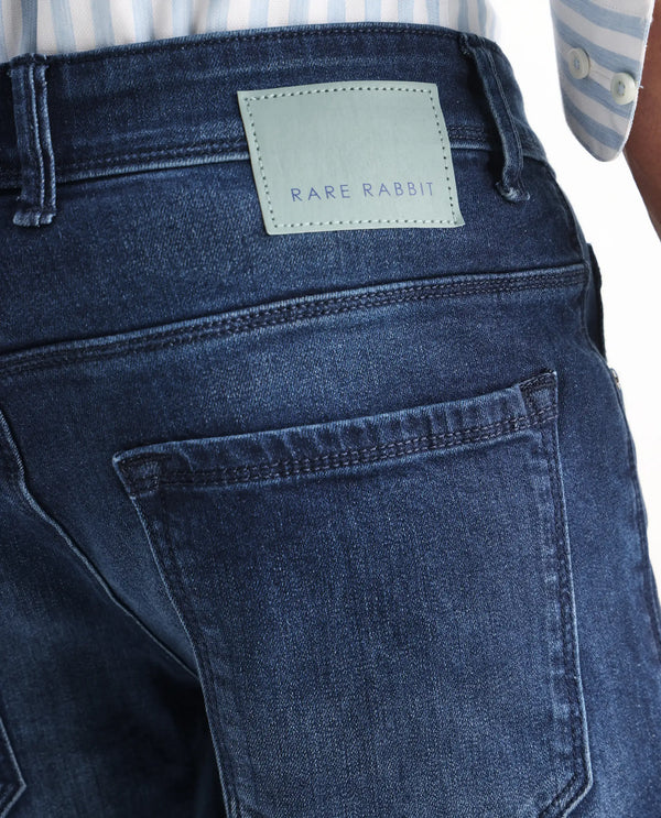 Rare Rabbit Men's Night Dark Blue Rinse Wash Mid-Rise Slim Fit Jeans