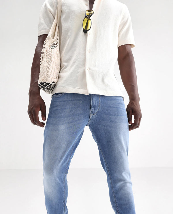 Rare Rabbit Men's Night Pastel Blue Light Wash Mid-Rise Slim Fit Jeans
