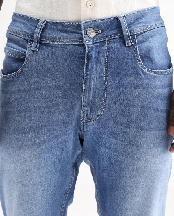 Rare Rabbit Men's Night Pastel Blue Light Wash Mid-Rise Slim Fit Jeans