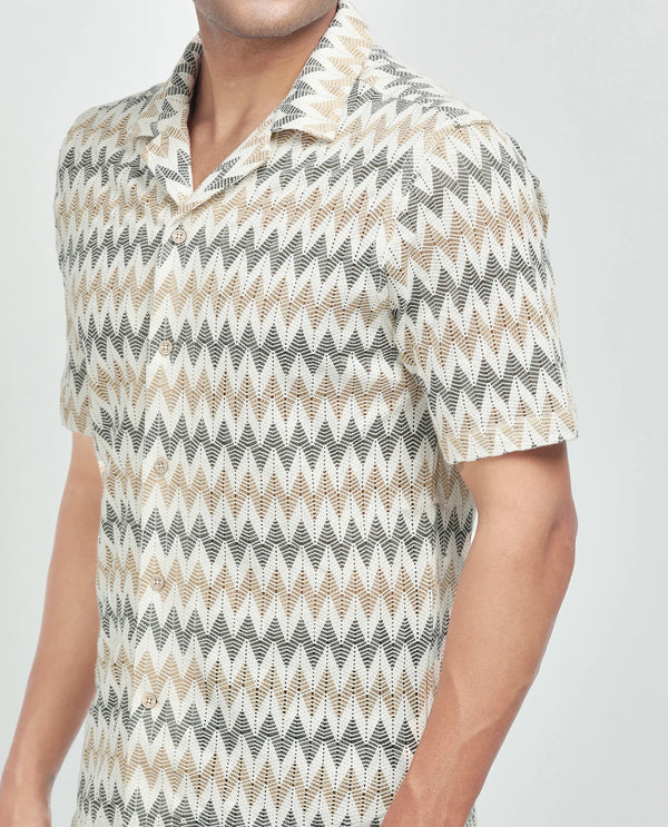 Rare Rabbit Men's Nikon Beige Cotton Fabric Short Sleeve Collared Neck Plain Shirt