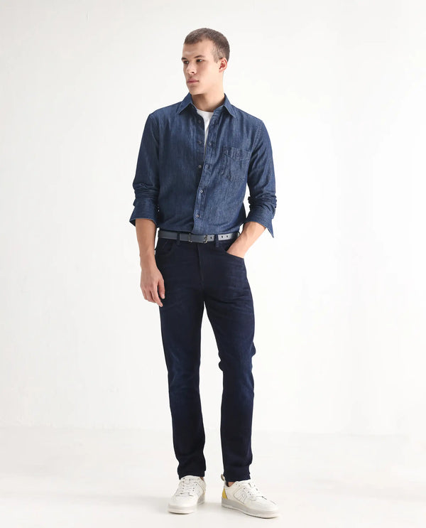 Rare Rabbit Mens Nikos Dark Navy Cotton Polyester Mid Wash Regular Fit Jeans