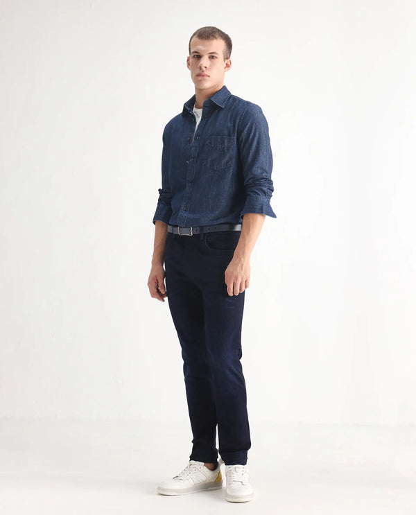 Rare Rabbit Mens Nikos Dark Navy Cotton Polyester Mid Wash Regular Fit Jeans