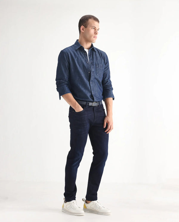 Rare Rabbit Mens Nikos Dark Navy Cotton Polyester Mid Wash Regular Fit Jeans