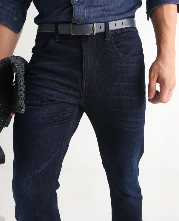 Rare Rabbit Mens Nikos Dark Navy Cotton Polyester Mid Wash Regular Fit Jeans
