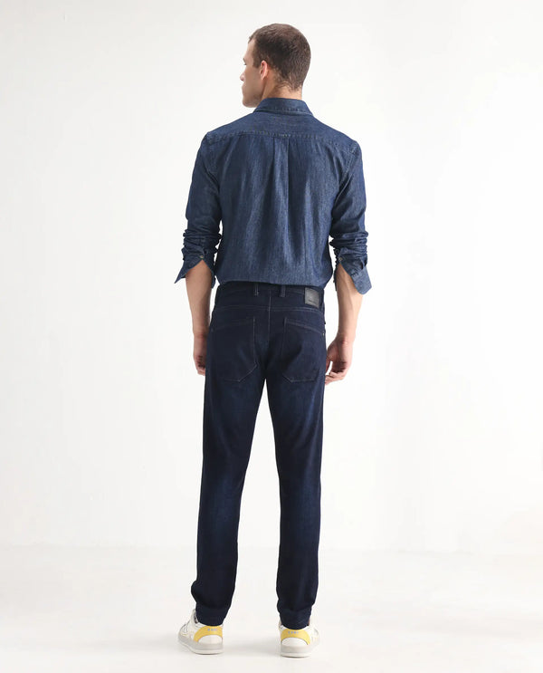 Rare Rabbit Mens Nikos Dark Navy Cotton Polyester Mid Wash Regular Fit Jeans