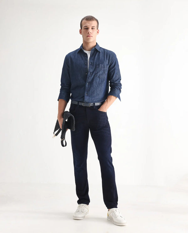 Rare Rabbit Mens Nikos Dark Navy Cotton Polyester Mid Wash Regular Fit Jeans
