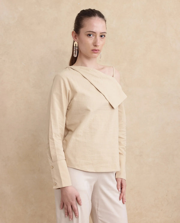 Rareism Women Nimlu Light Sand Cotton Fabric Bishop Sleeve Collarless Plain Top