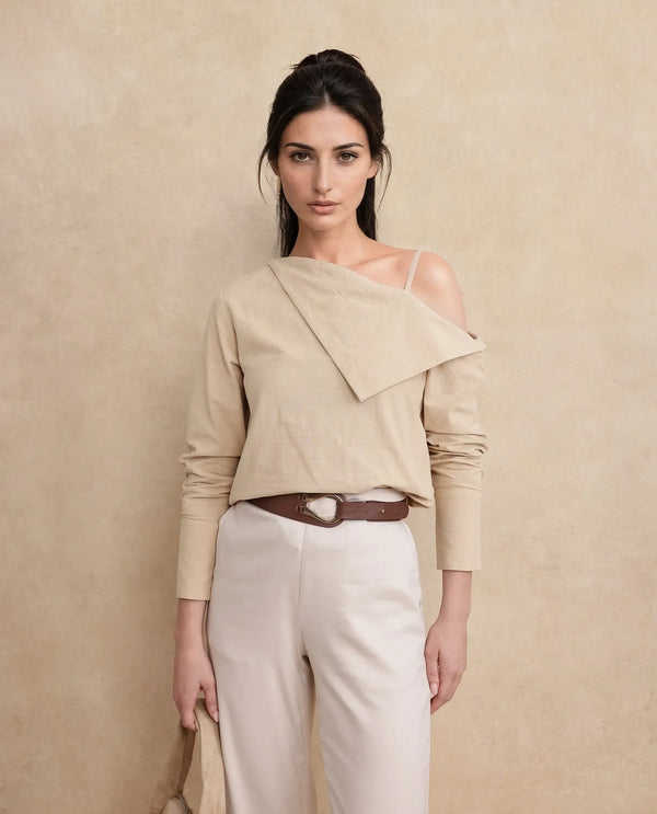 Rareism Women Nimlu Light Sand Cotton Fabric Bishop Sleeve Collarless Plain Top