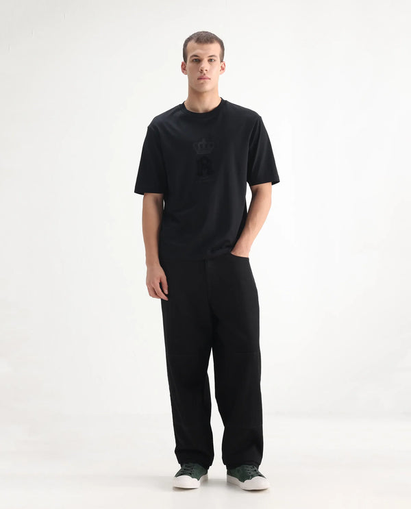 Rare Rabbit Men's Niob Black Cotton Fabric Mid Rise Dark Wash Baggy Fit Solid Jeans