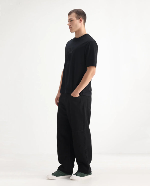 Rare Rabbit Men's Niob Black Cotton Fabric Mid Rise Dark Wash Baggy Fit Solid Jeans