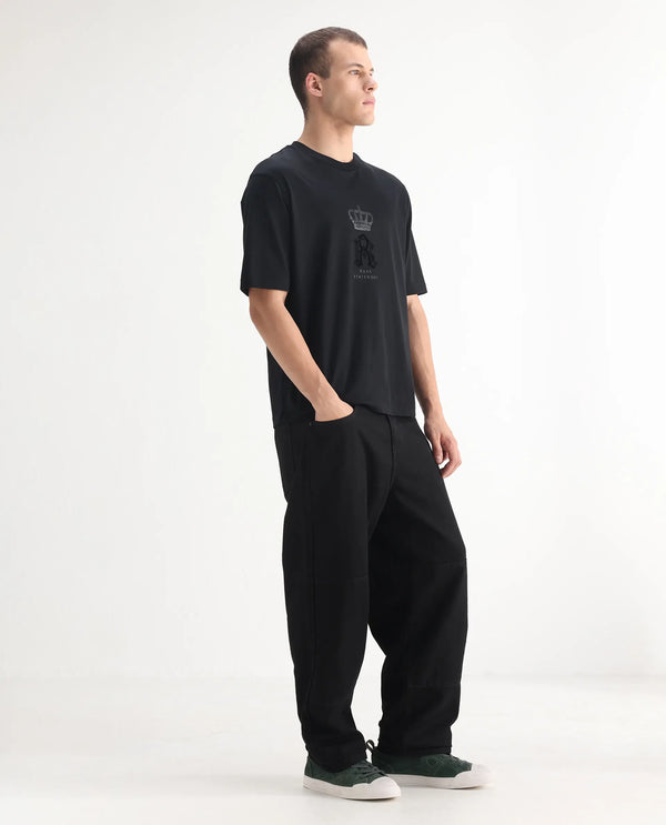 Rare Rabbit Men's Niob Black Cotton Fabric Mid Rise Dark Wash Baggy Fit Solid Jeans