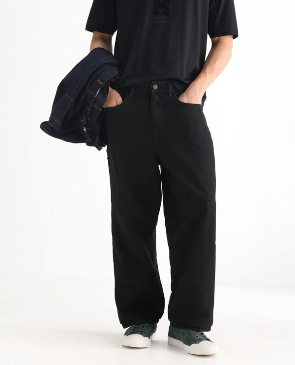 Rare Rabbit Men's Niob Black Cotton Fabric Mid Rise Dark Wash Baggy Fit Solid Jeans