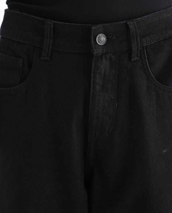 Rare Rabbit Men's Niob Black Cotton Fabric Mid Rise Dark Wash Baggy Fit Solid Jeans