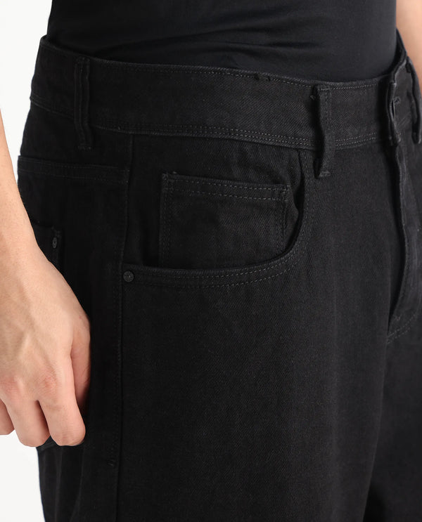 Rare Rabbit Men's Niob Black Cotton Fabric Mid Rise Dark Wash Baggy Fit Solid Jeans